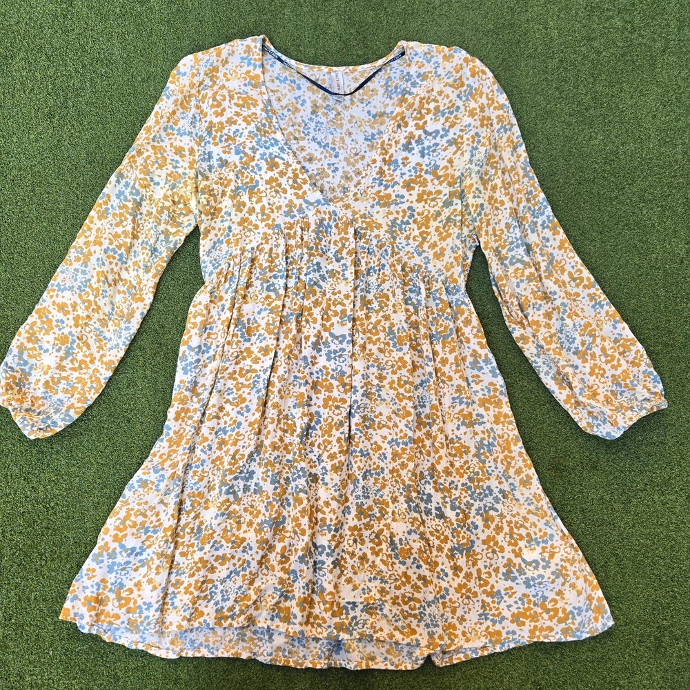 Salty Crew Women's Floral V-Neck Long Sleeve A-Line Short Side Zip Dress Small